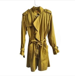 ELLE Women Trench Coat Jacket Lime Green Ruffle Front Siz M Pockets Zip Up Lined